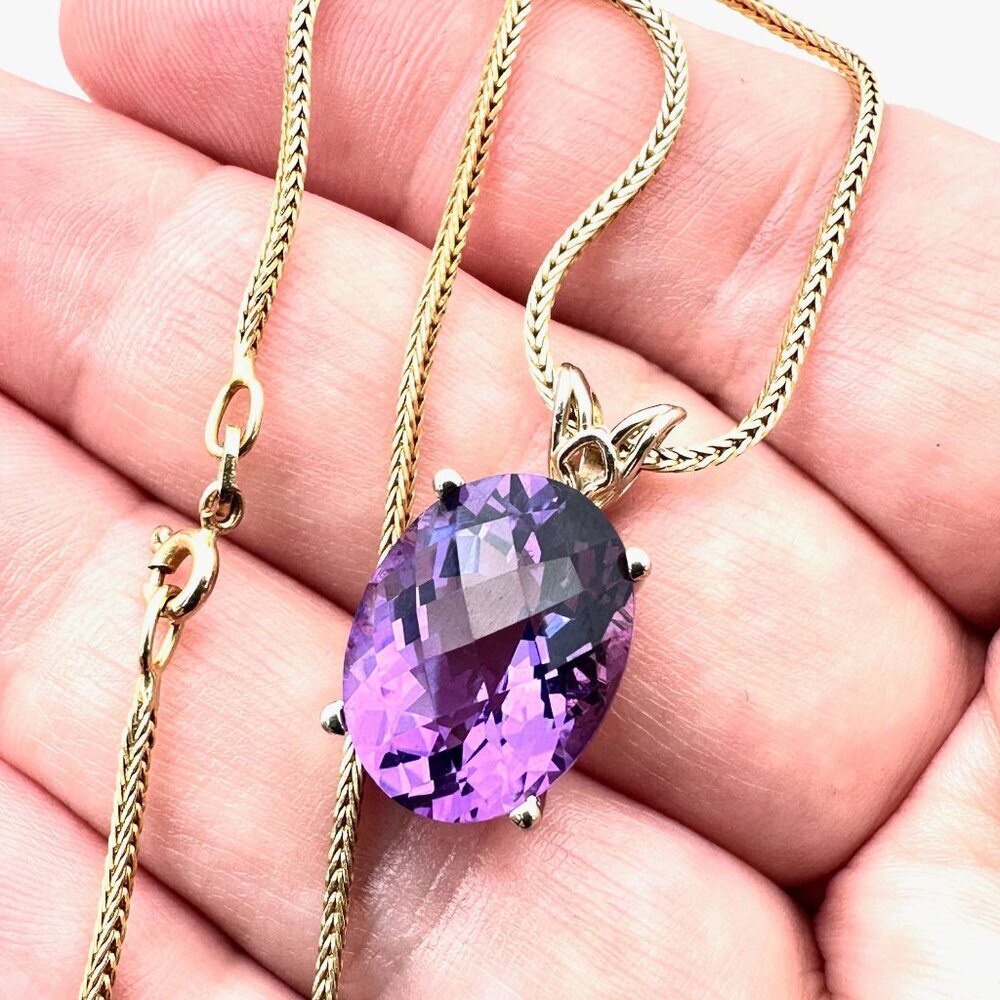 Estate Necklace 14k Yellow Gold Cushion Cut Purple Amethyst Pendant 16" Chain
